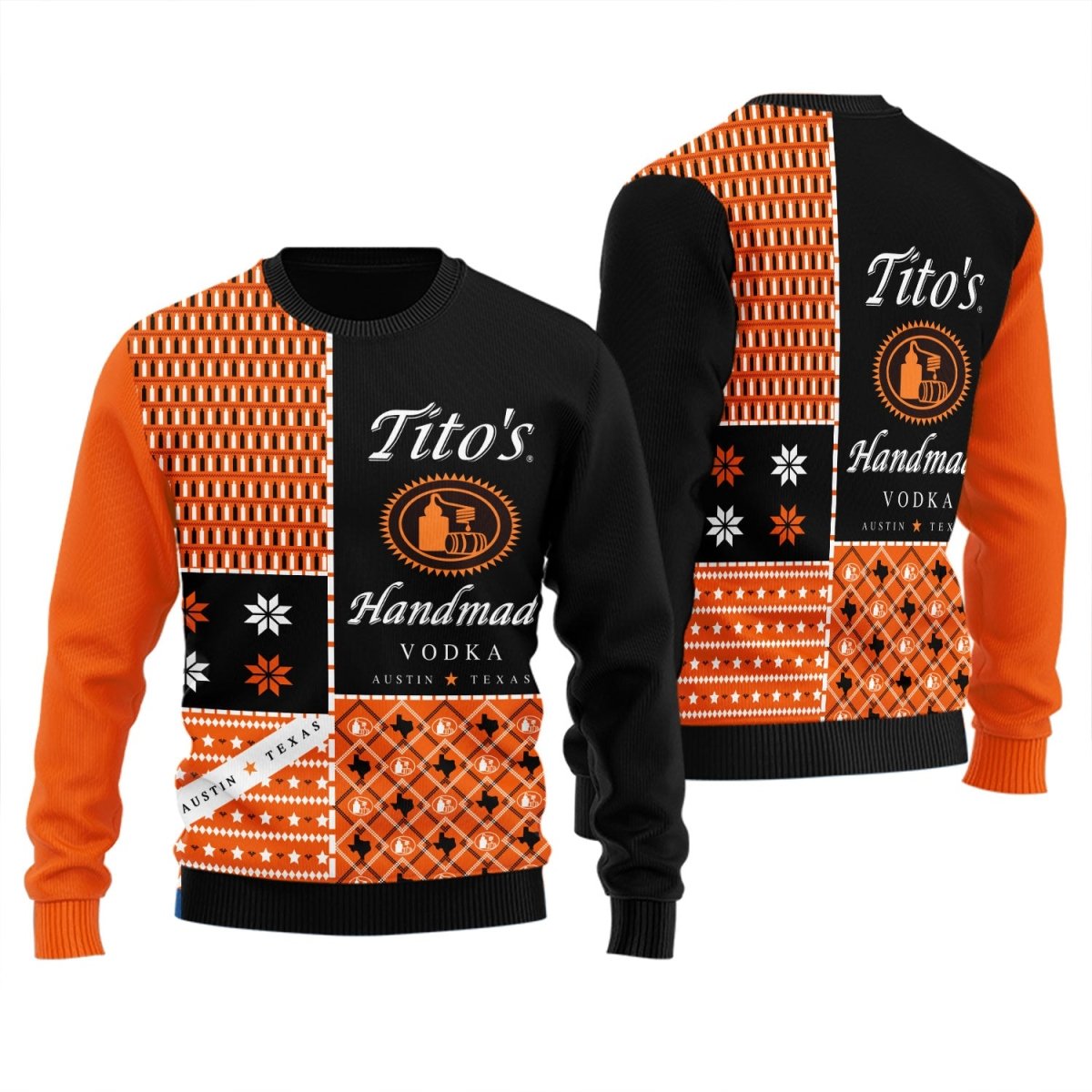 Tito's Blk Orange Sweater LS shops Pullover Handmade Christmas Ugly Vodka Austin Tx Fi