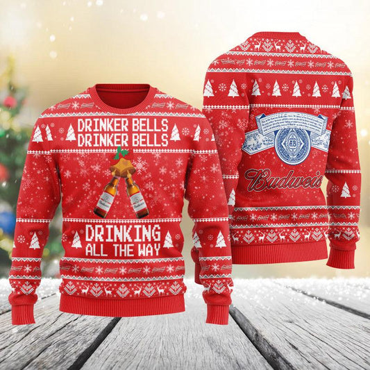 Budweiser Drinker Bells Drinking All The Way Christmas Ugly Sweater