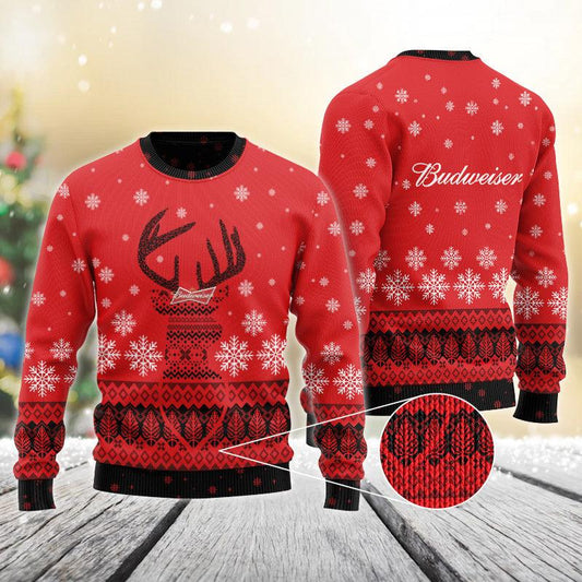 Red Budweiser Reindeer Snowy Christmas Sweater