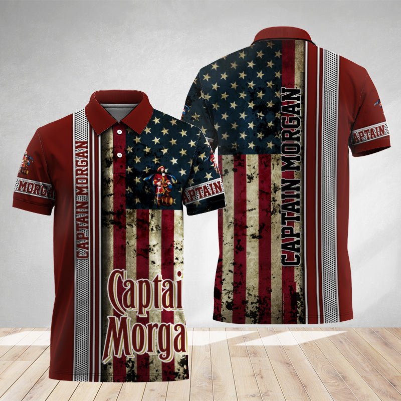 Captain Morgan Stainless Steel American Flag Polo Shirt - Flexiquor.com