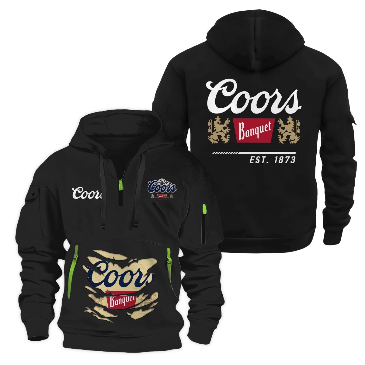 Coors Banquet Scratches Marks Half Zip Hooded Sweatshirt - Flexiquor.com