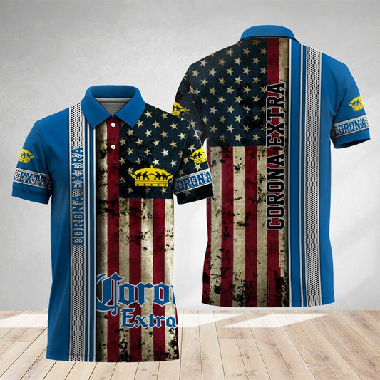 Corona Extra Stainless Steel American Flag Polo Shirt - Flexiquor.com