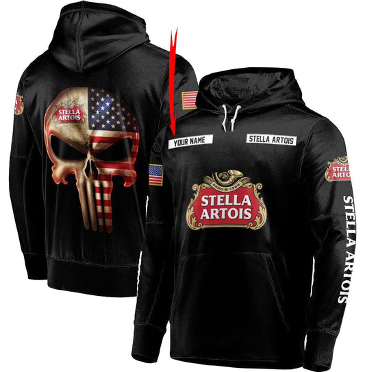 Personalized Black USA Flag Skull Stella Artois Hoodie