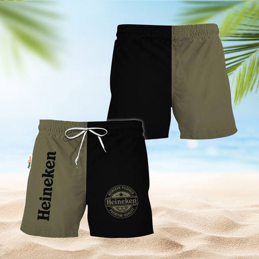 Half Side Black Green Heineken Swim Trunks - Flexiquor.com