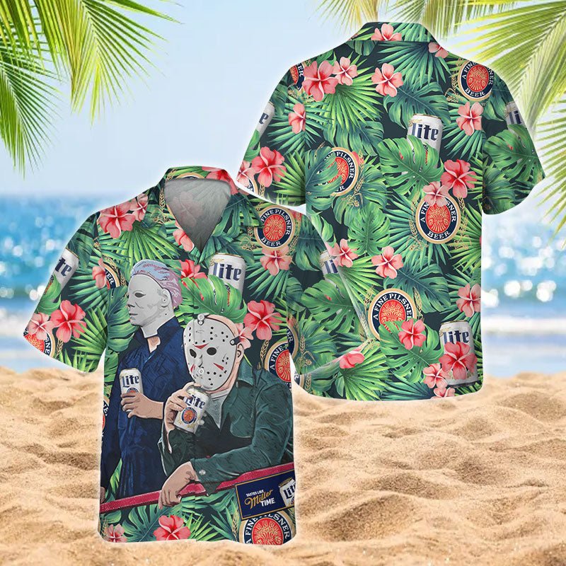 Halloween Villain Chilling With Miller Lite Men's Plus Size Hawaiian Shirt - Flexiquor.com