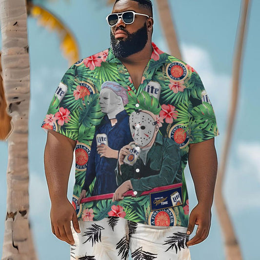 Halloween Villain Chilling With Miller Lite Men's Plus Size Hawaiian Shirt - Flexiquor.com