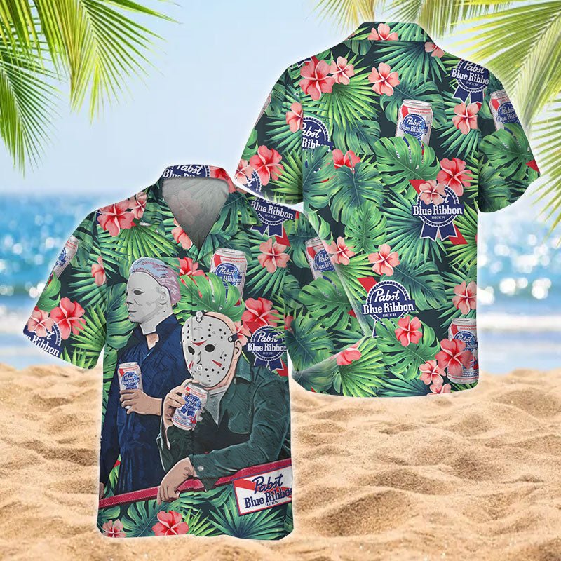 Halloween Villain Chilling With Pabst Blue Ribbon Men's Plus Size Hawaiian Shirt - Flexiquor.com