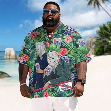 Halloween Villain Chilling With Pabst Blue Ribbon Men's Plus Size Hawaiian Shirt - Flexiquor.com