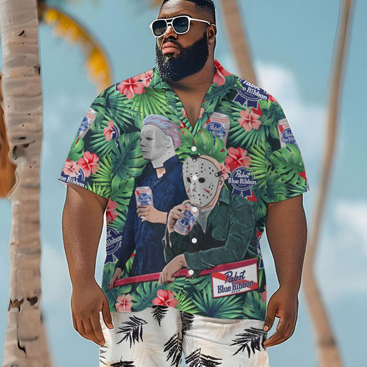 Halloween Villain Chilling With Pabst Blue Ribbon Men's Plus Size Hawaiian Shirt - Flexiquor.com