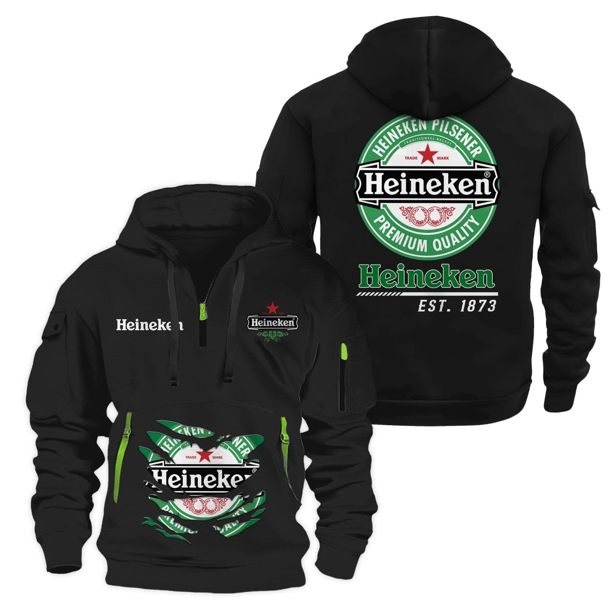 Heineken Scratches Marks Half Zip Hooded Sweatshirt - Flexiquor.com