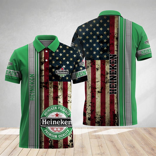 Heineken Stainless Steel American Flag Polo Shirt - Flexiquor.com