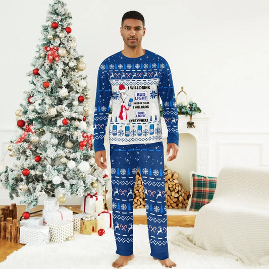 I Will Drink Bud Light Here Or There Christmas Family Pajamas Set - Flexiquor.com