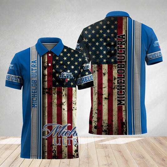 Michelob Ultra Stainless Steel American Flag Polo Shirt - Flexiquor.com