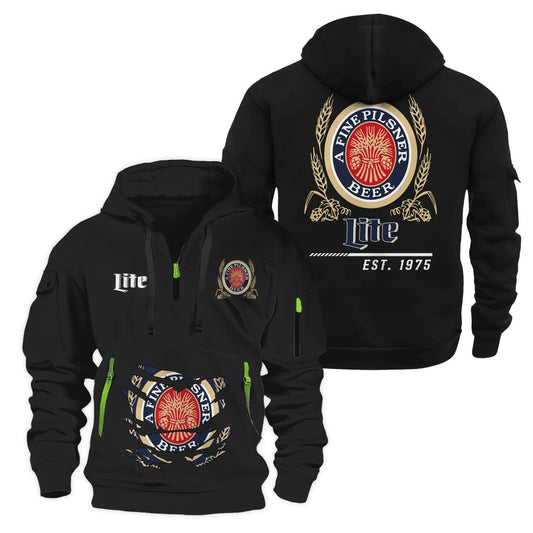 Miller Lite Scratches Marks Half Zip Hooded Sweatshirt - Flexiquor.com