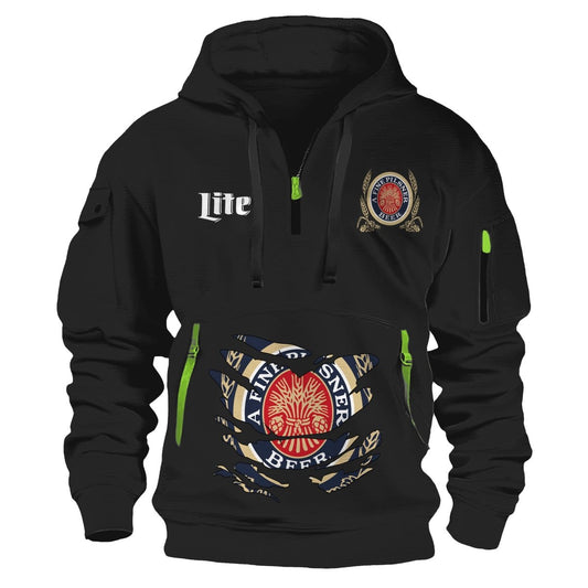 Miller Lite Scratches Marks Half Zip Hooded Sweatshirt - Flexiquor.com