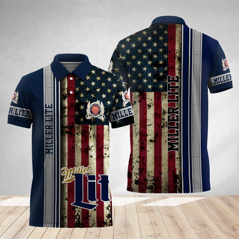 Miller Lite Stainless Steel American Flag Polo Shirt - Flexiquor.com