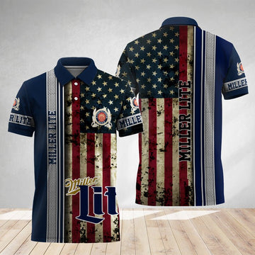 Miller Lite Stainless Steel American Flag Polo Shirt - Flexiquor.com