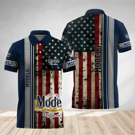 Modelo Stainless Steel American Flag Polo Shirt - Flexiquor.com