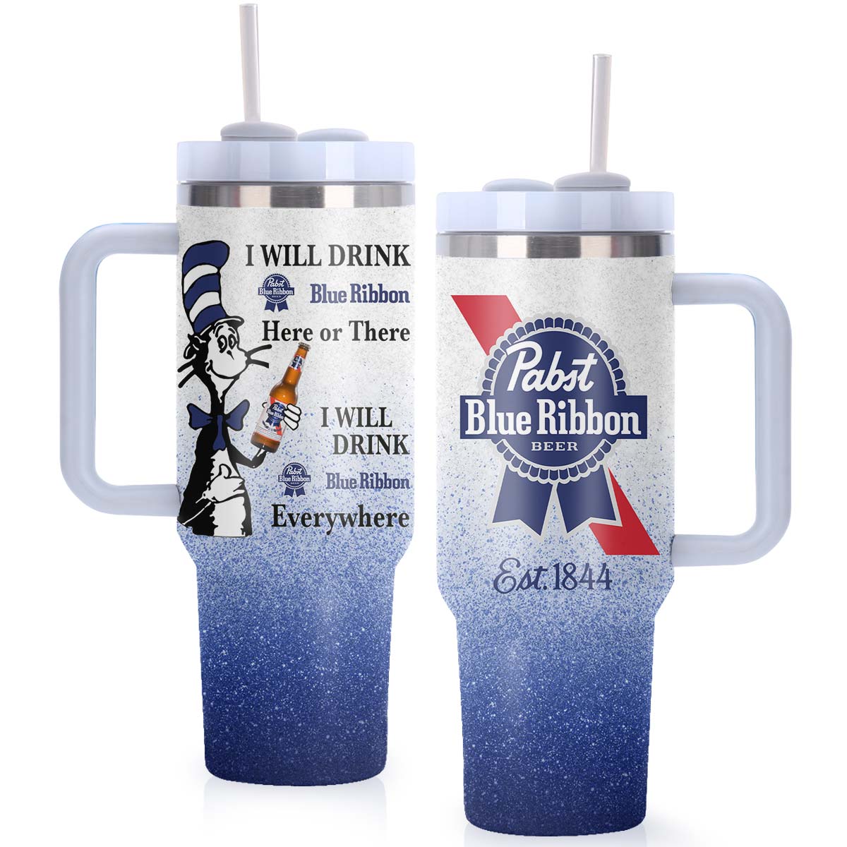 Pabst Blue Ribbon Cat In The Hat Tumbler With Handle - Flexiquor.com