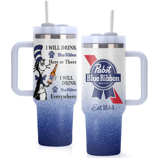 Pabst Blue Ribbon Cat In The Hat Tumbler With Handle - Flexiquor.com