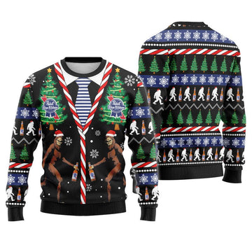 Pabst Blue Ribbon Christmas Bigfoot Ugly Sweater - Flexiquor.com