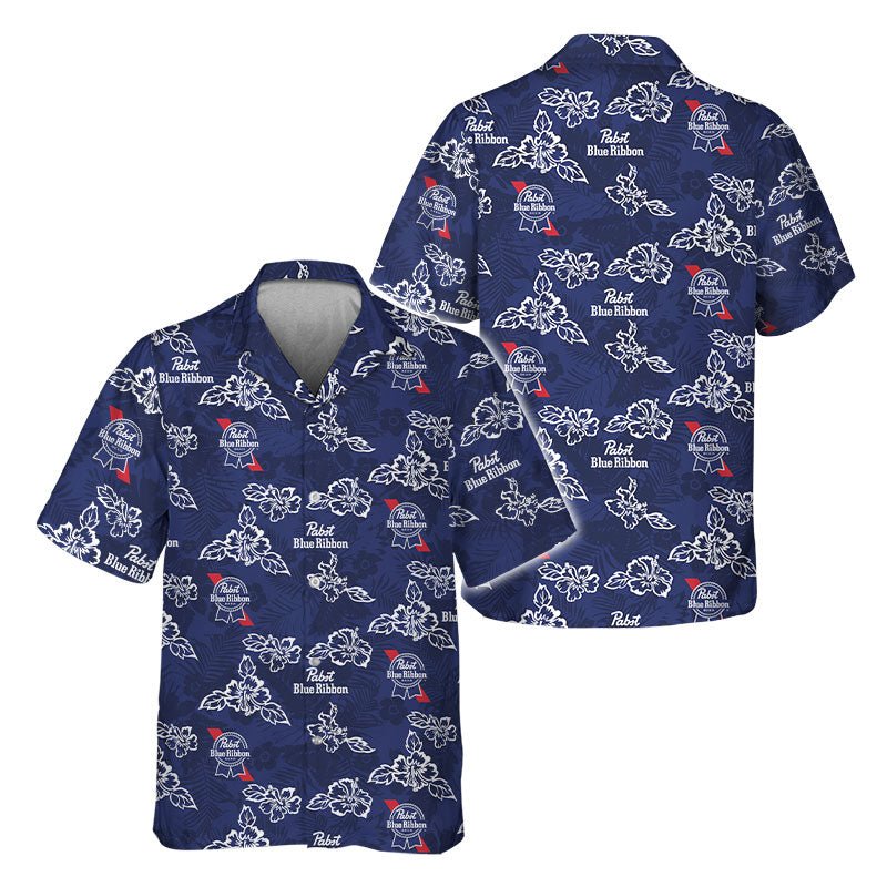 Pabst Blue Ribbon Hibiscus Flower Hawaiian Shirt - Flexiquor.com