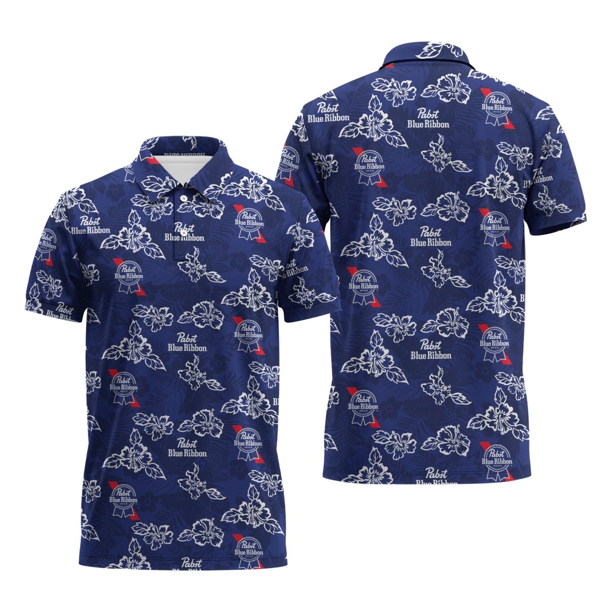 Pabst Blue Ribbon Hibiscus Flower Polo Shirt - Flexiquor.com
