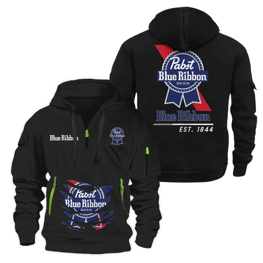 Pabst Blue Ribbon Scratches Marks Half Zip Hooded Sweatshirt - Flexiquor.com