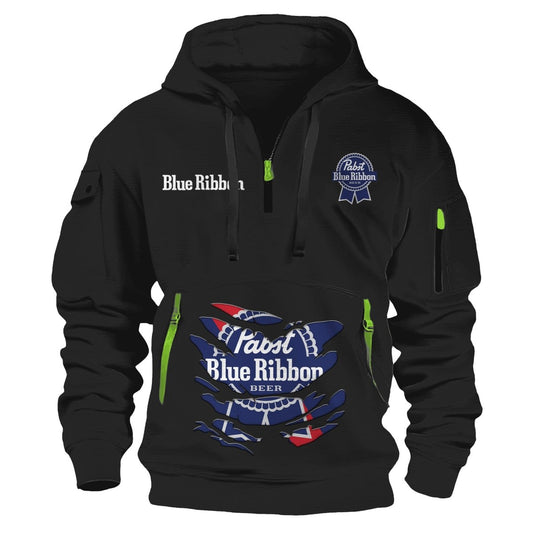 Pabst Blue Ribbon Scratches Marks Half Zip Hooded Sweatshirt - Flexiquor.com