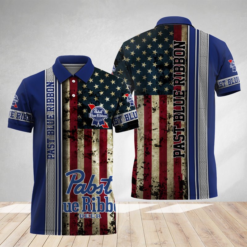 Pabst Blue Ribbon Stainless Steel American Flag Polo Shirt - Flexiquor.com