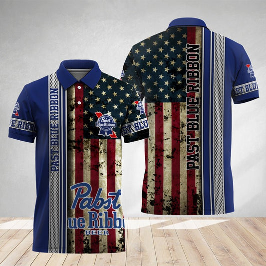 Pabst Blue Ribbon Stainless Steel American Flag Polo Shirt - Flexiquor.com