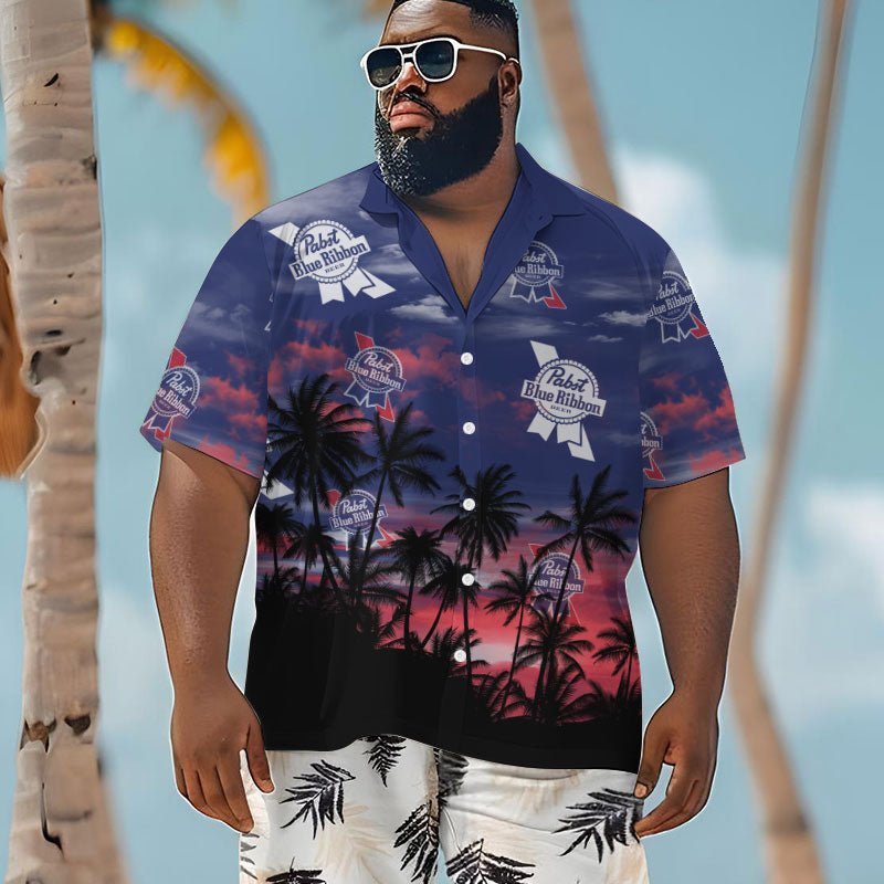 Pabst Blue Ribbon Sunset Men's Plus Size Hawaiian Shirt - Flexiquor.com