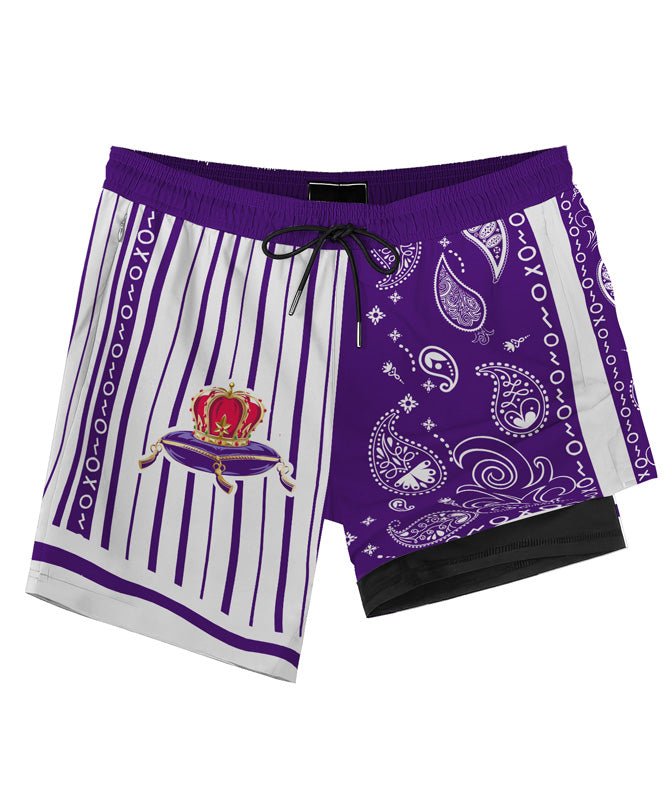 Paisley Half White Crown Royal Compression Liner Swim Trunks - Flexiquor.com