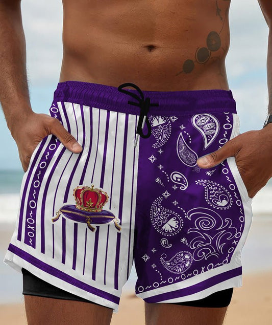 Paisley Half White Crown Royal Compression Liner Swim Trunks - Flexiquor.com