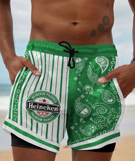 Paisley Half White Heineken Compression Liner Swim Trunks