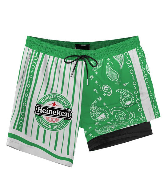 Paisley Half White Heineken Compression Liner Swim Trunks - Flexiquor.com