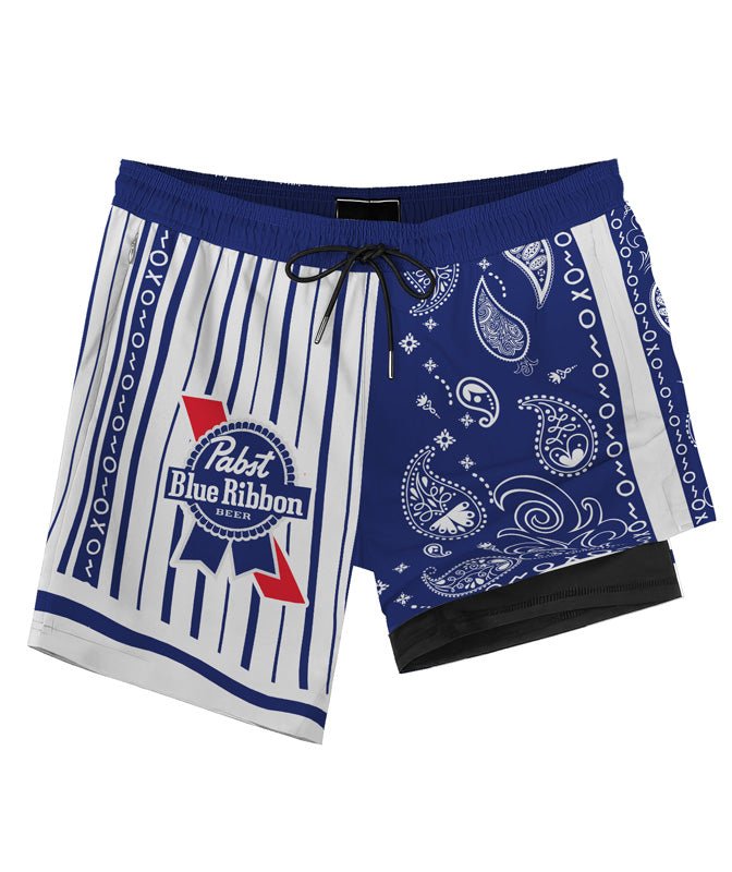 Paisley Half White Pabst Blue Ribbon Compression Liner Swim Trunks - Flexiquor.com