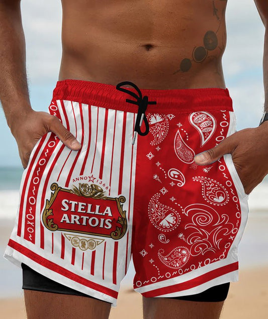 Paisley Half White Stella Artois Compression Liner Swim Trunks - Flexiquor.com