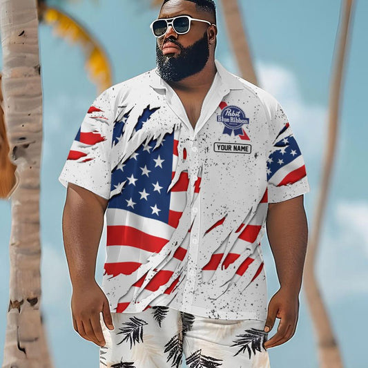 Personalized American Tearing Pabst Blue Ribbon Men's Plus Size Hawaiian Shirt - Flexiquor.com