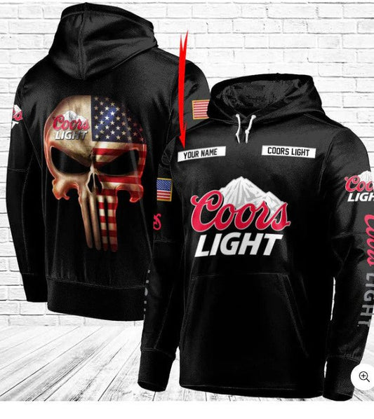 Personalized Black USA Flag Skull Coors Light Beer Hoodie - Flexiquor.com