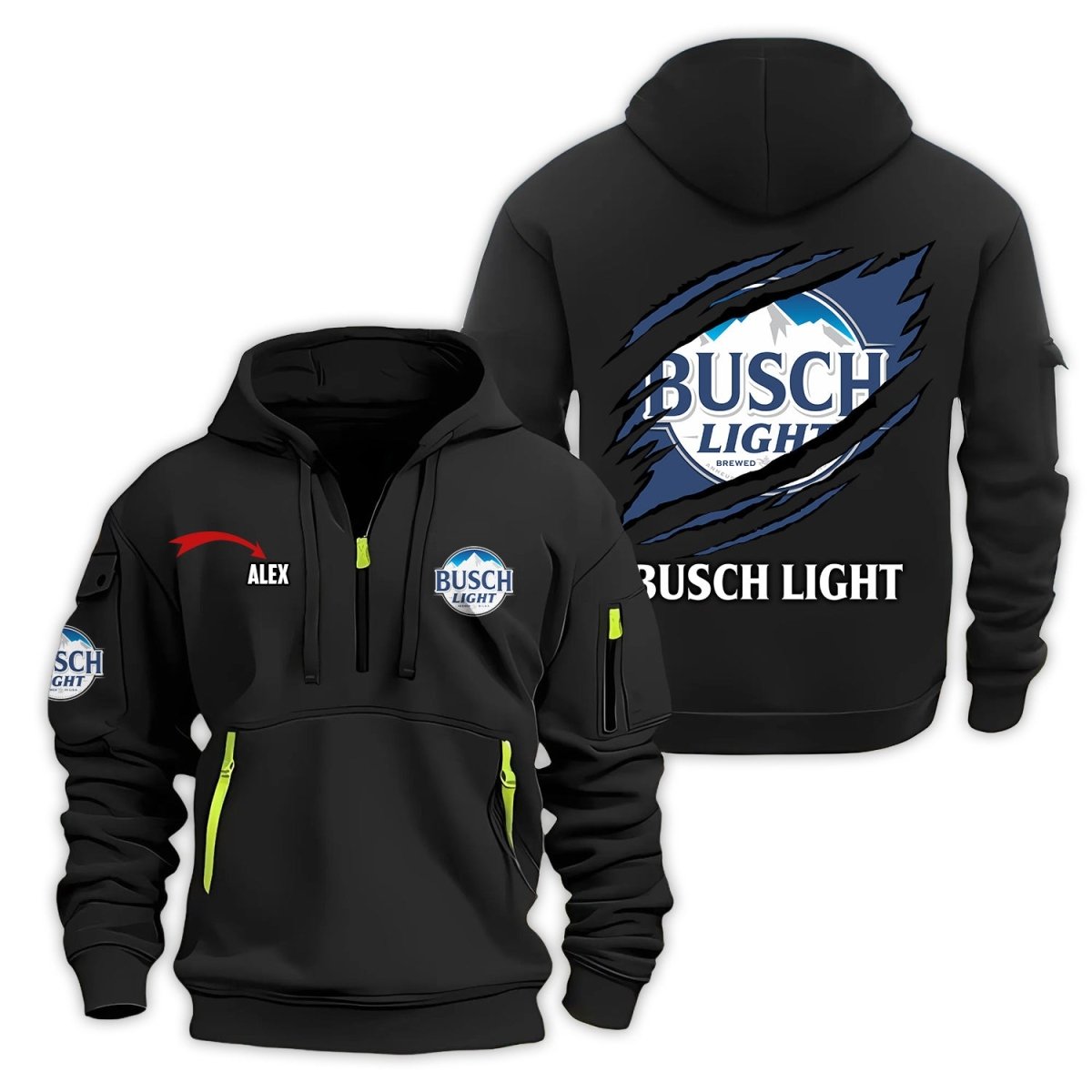 Personalized Busch Light Monster Scratches Half Zip Hooded Sweatshirt - Flexiquor.com