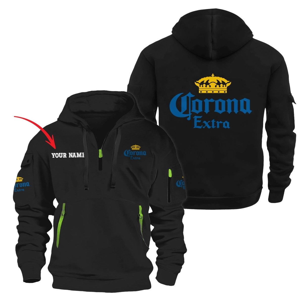 Personalized Corona Extra Half Zip Hooded Sweatshirt - Flexiquor.com