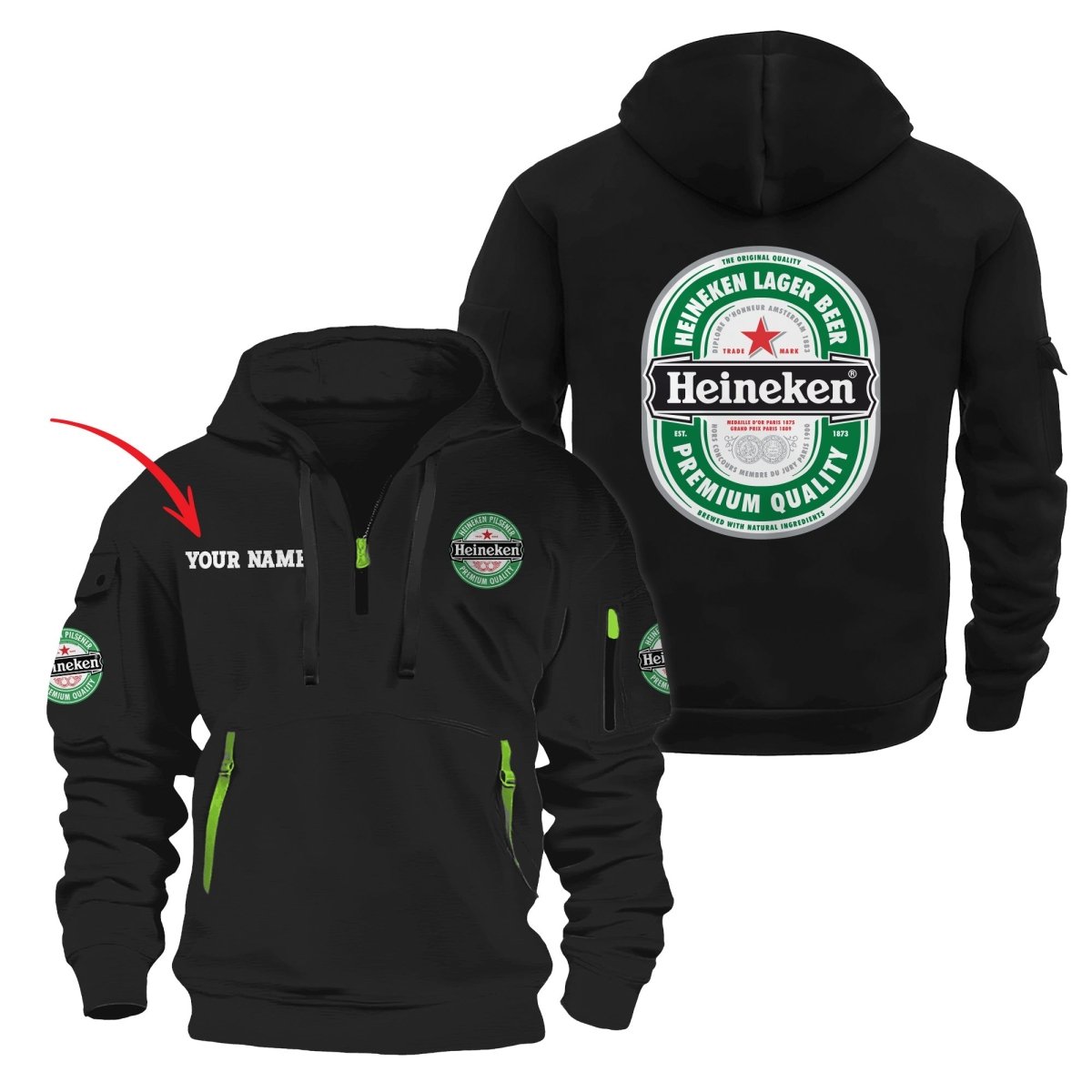 Personalized Heineken Half Zip Hooded Sweatshirt - Flexiquor.com