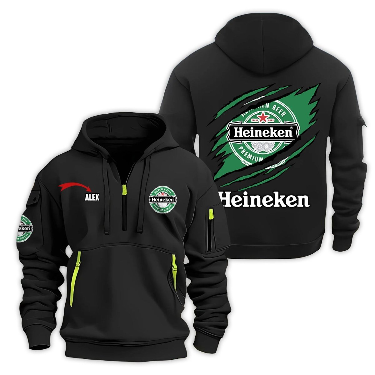 Personalized Heineken Monster Scratches Half Zip Hooded Sweatshirt - Flexiquor.com