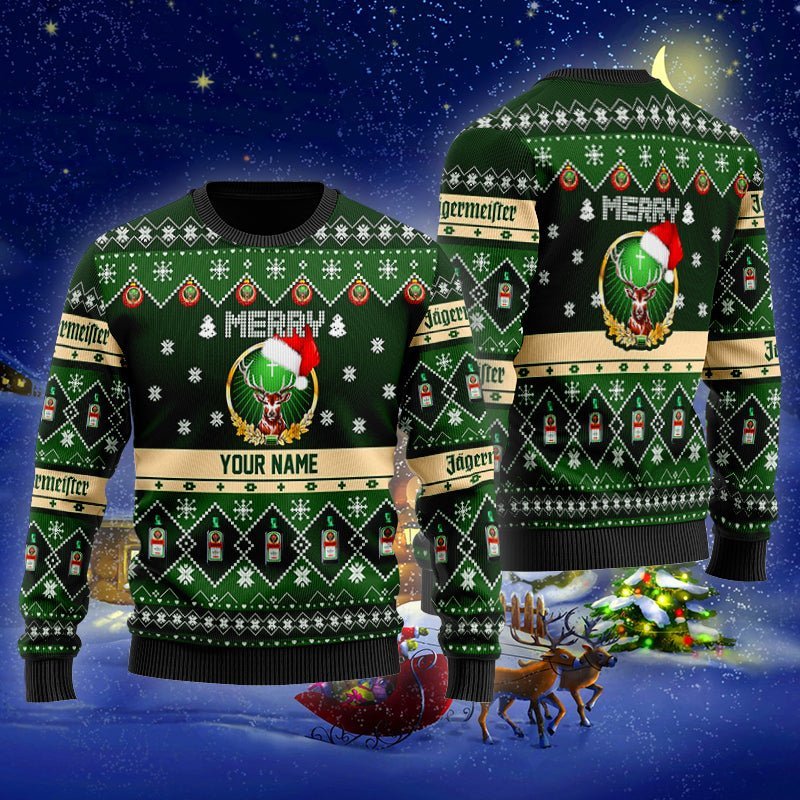 Personalized Jagermeister Merry Christmas Ugly Sweater - Flexiquor.com