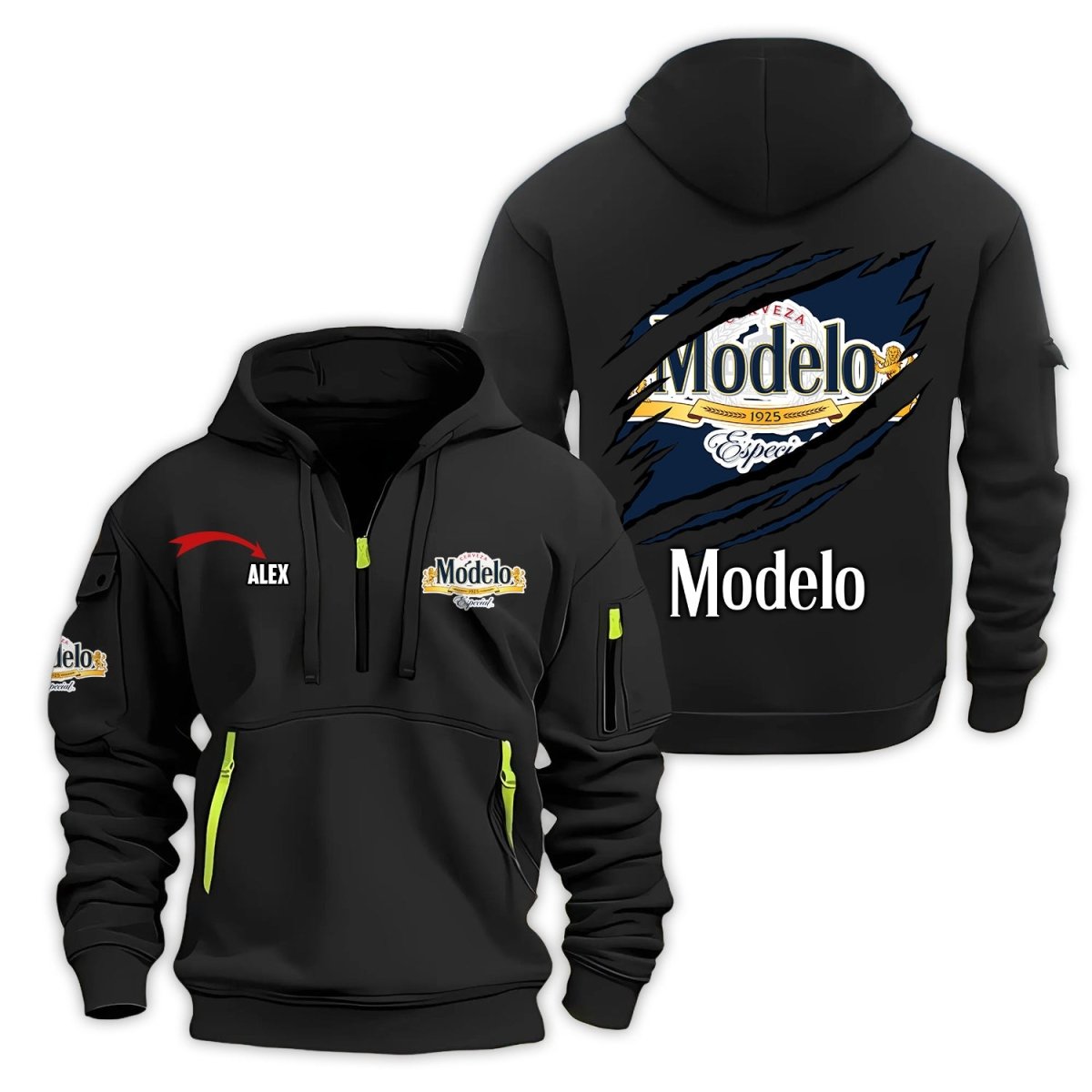 Personalized Modelo Monster Scratches Half Zip Hooded Sweatshirt - Flexiquor.com