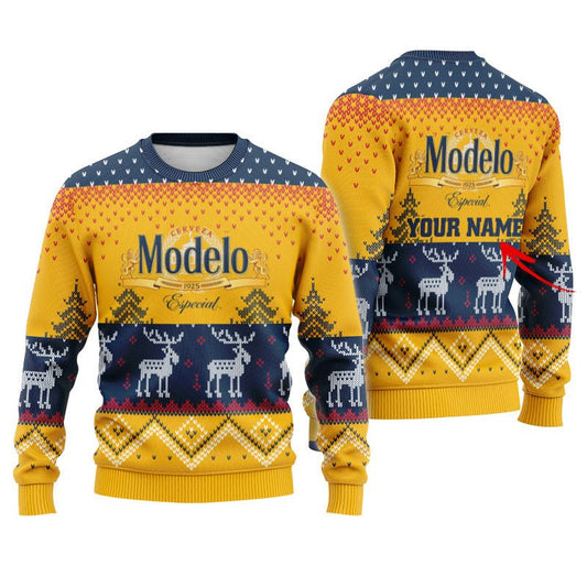 Personalized Modelo Winter Reindeer Ugly Sweater - Flexiquor.com