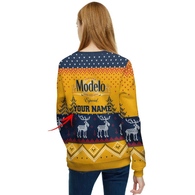 Personalized Modelo Winter Reindeer Ugly Sweater - Flexiquor.com