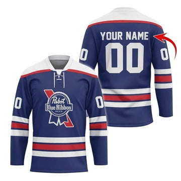 Personalized Pabst Blue Ribbon Color Stripe Hockey Jersey - Flexiquor.com