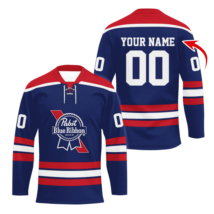 Personalized Pabst Blue Ribbon Color Stripe Hockey Jersey - Flexiquor.com